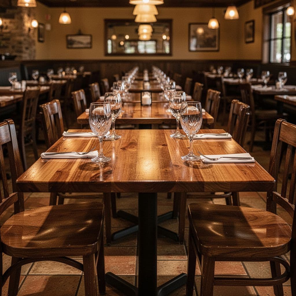 An inviting restaurant interior features warm lighting, wood dining tables, and empty wine glasses under a Local Flavor header.