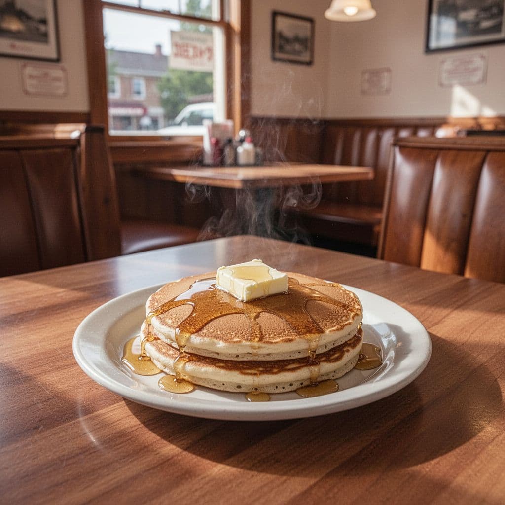A warm and inviting small-town diner featuring wooden booths and soft natural light.