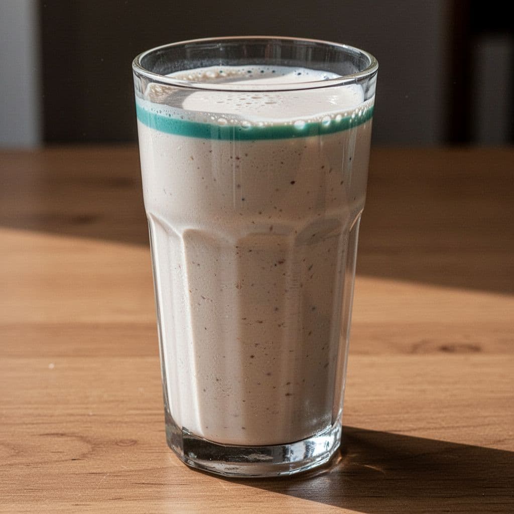 A glass of creamy milkshake sits on a wooden table beneath a bold green header banner.