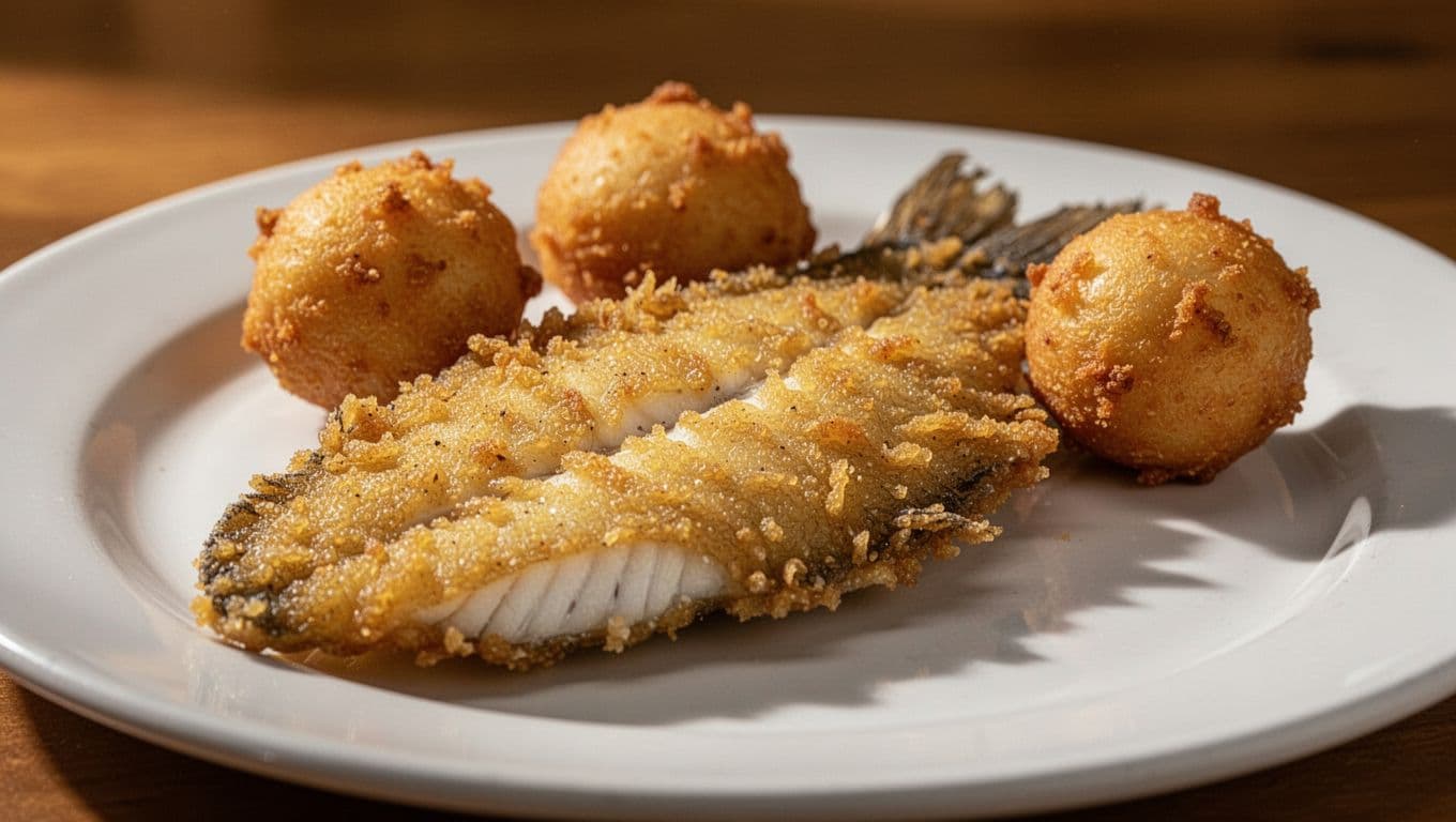 A golden-brown piece of fried catfish served with hushpuppies on a white ceramic plate.