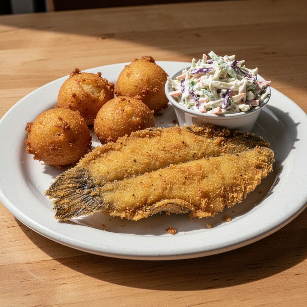 A plate of crispy fried catfish served with golden hushpuppies and fresh coleslaw on a wooden table.