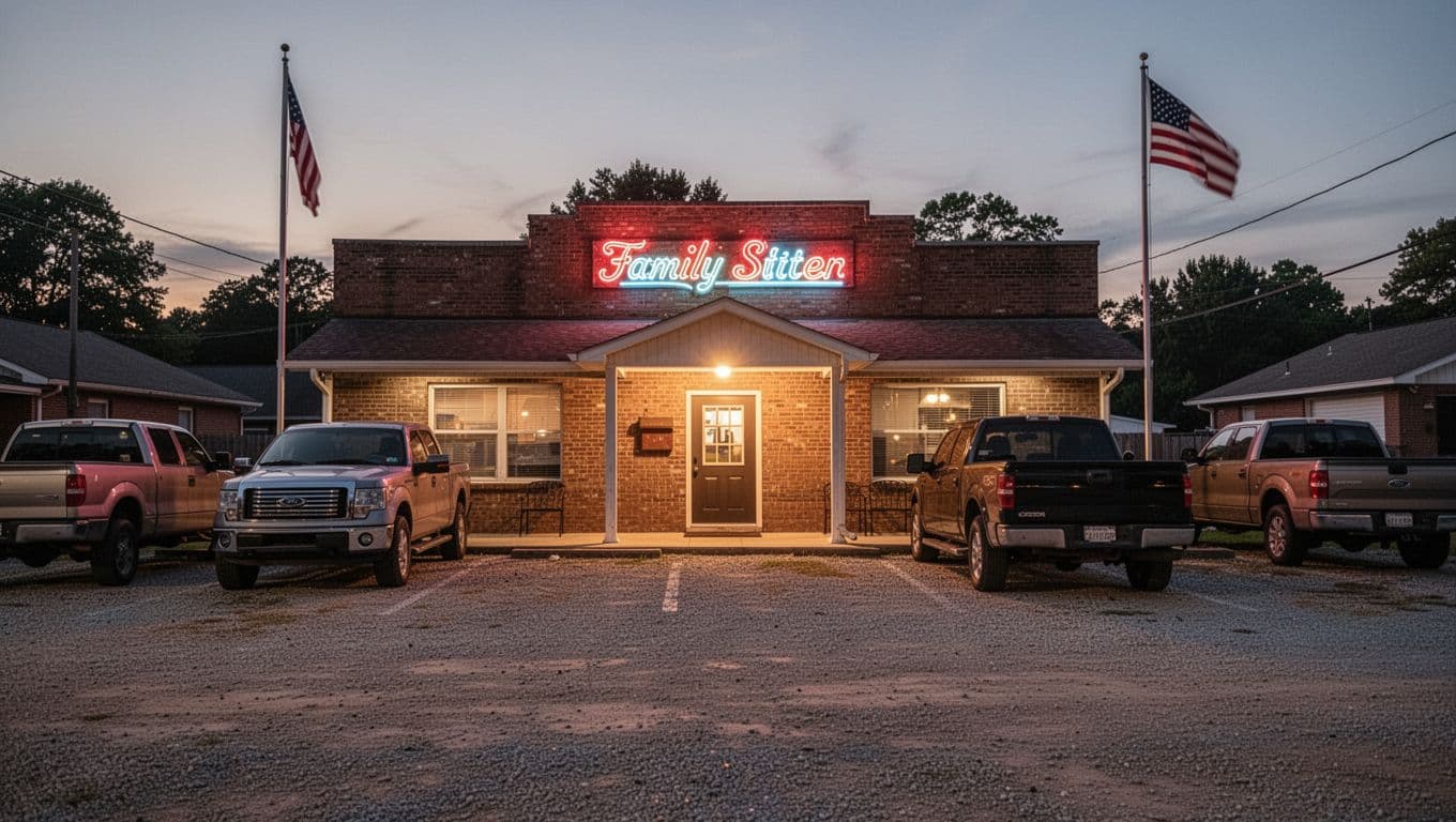 Small-town restaurant exterior at dusk with glowing 'Family Diner' neon sign, gravel lot, trucks, American flag, and top green 'Crossville Eats' band.