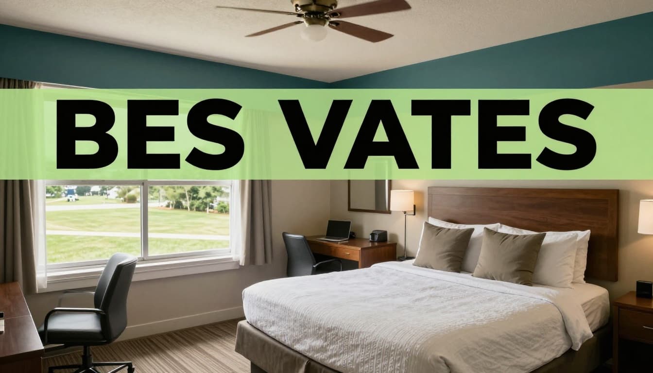 Clean spacious hotel room with neatly made queen bed, desk, chair, and window view of green fields under green 'BEST VALUE' banner.