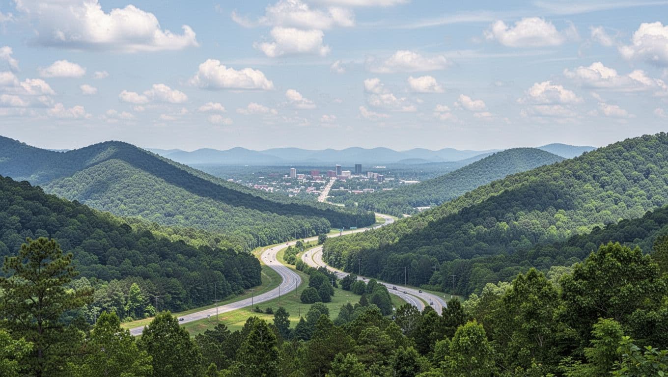Panoramic Cumberland Mountain ridges, winding highway through green valleys, distant Skyline town under green Mountain Eats band.