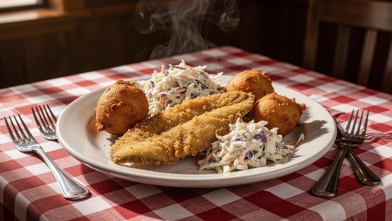 Green 'DAILY BUFFET' banner tops steaming plate of fried catfish, hushpuppies, coleslaw on checkered tablecloth with two forks.