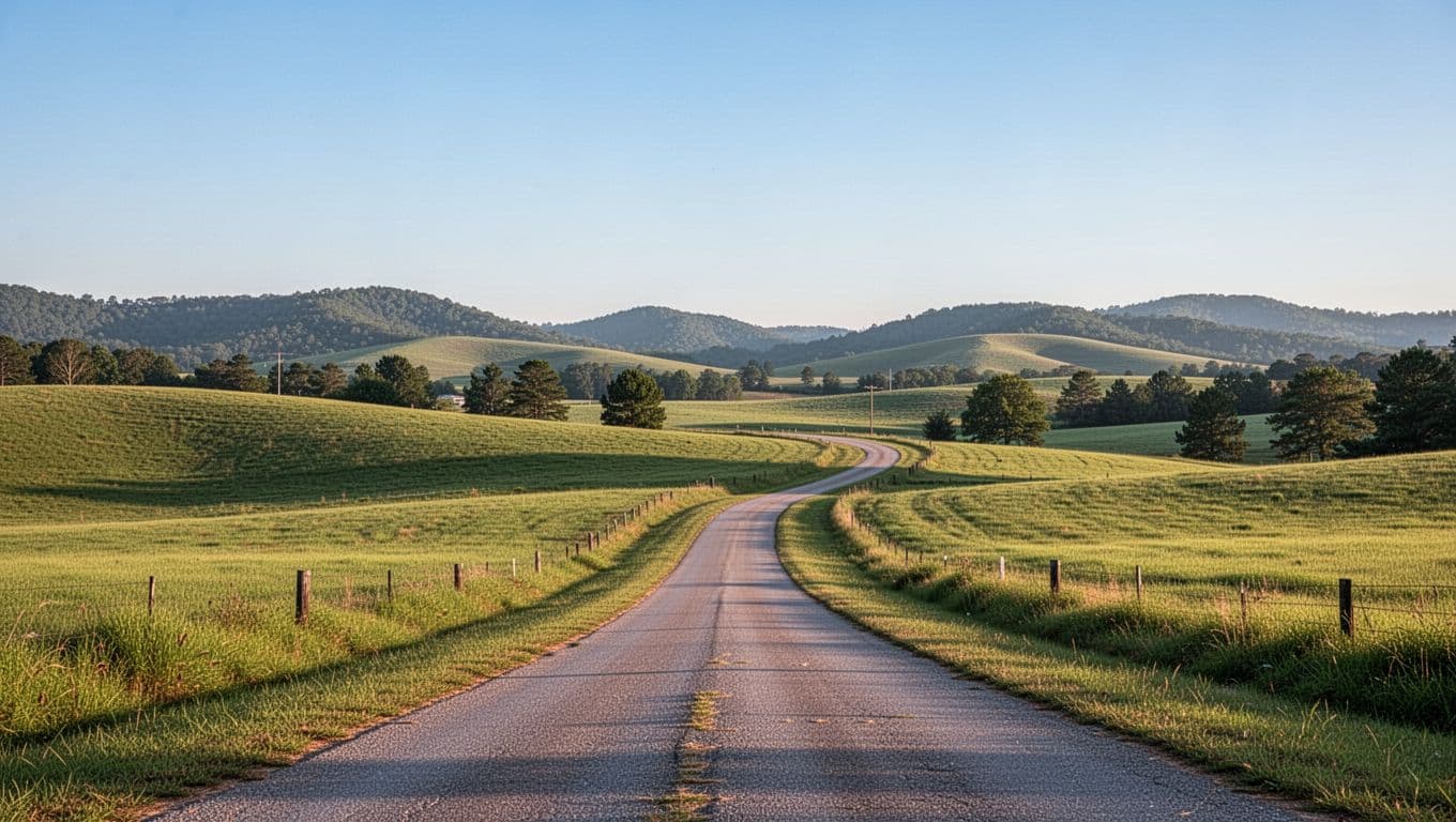 Green fields, rolling hills, and small town road under blue sky, with 'Dale County' headline on green band at top.