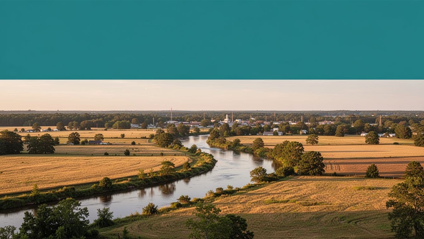Green top band with bold white 'DALE COUNTY' text over golden hour rural Alabama river and farmland.