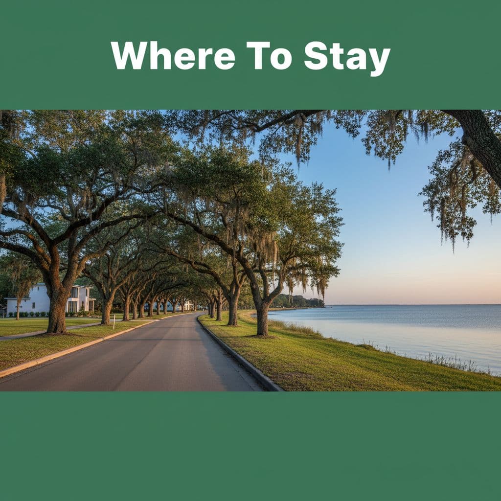 A tree-lined residential street overlooks a distant bay in Daphne, Alabama. A saturated green banner sits at the top of the frame, featuring the white text heading Where To Stay.