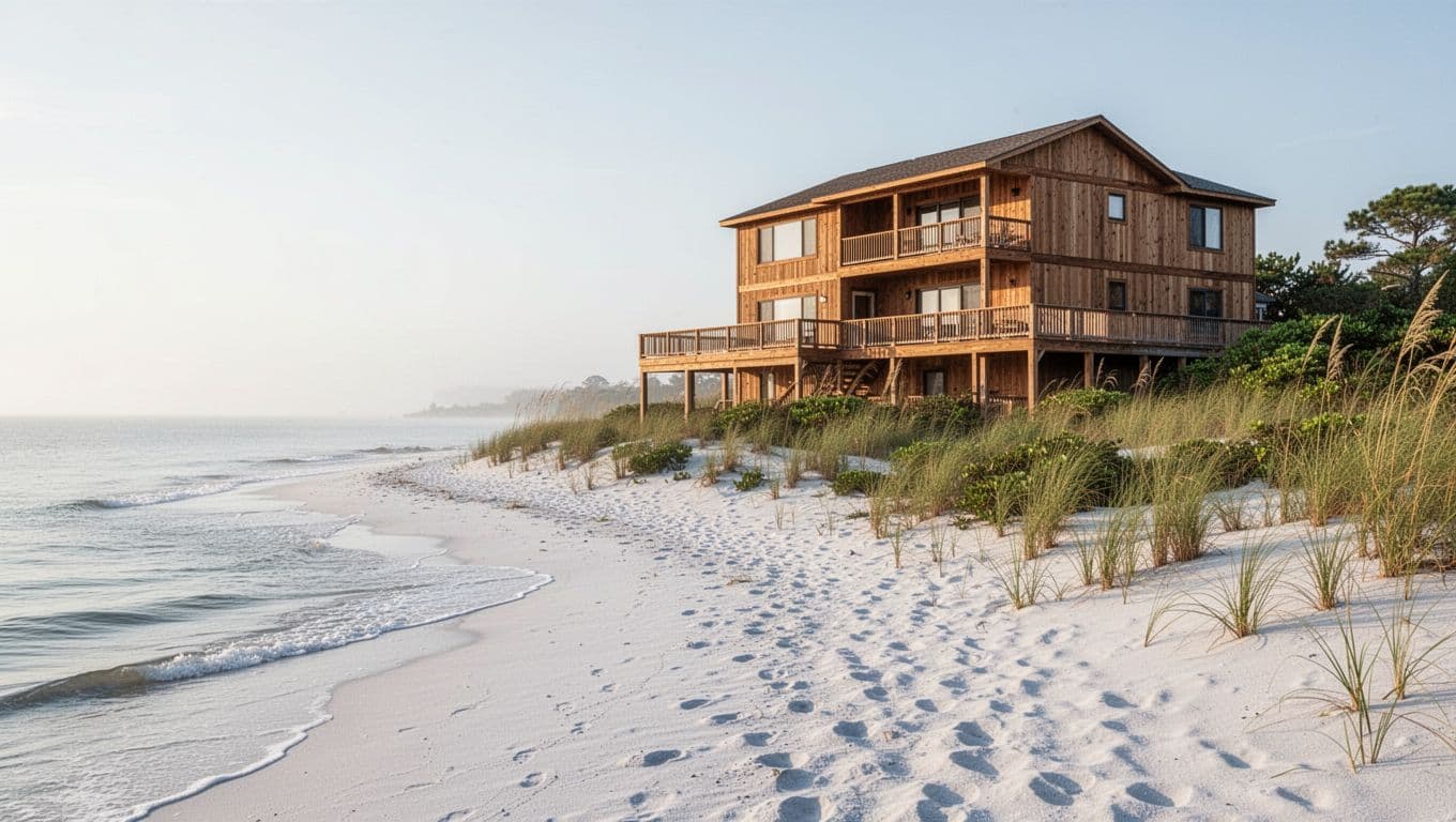 Two-level wooden condo with large deck overlooks calm ocean from white sand beach amid dune grass, topped by green 'Vacation Rentals' headline band.