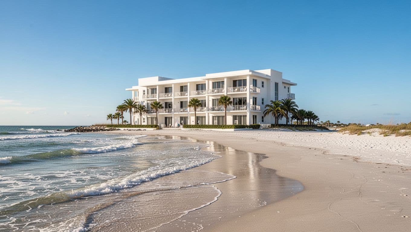 Modern white two-story hotel on sandy beach with Gulf waves and blue sky, green 'Top Hotels' banner at top.
