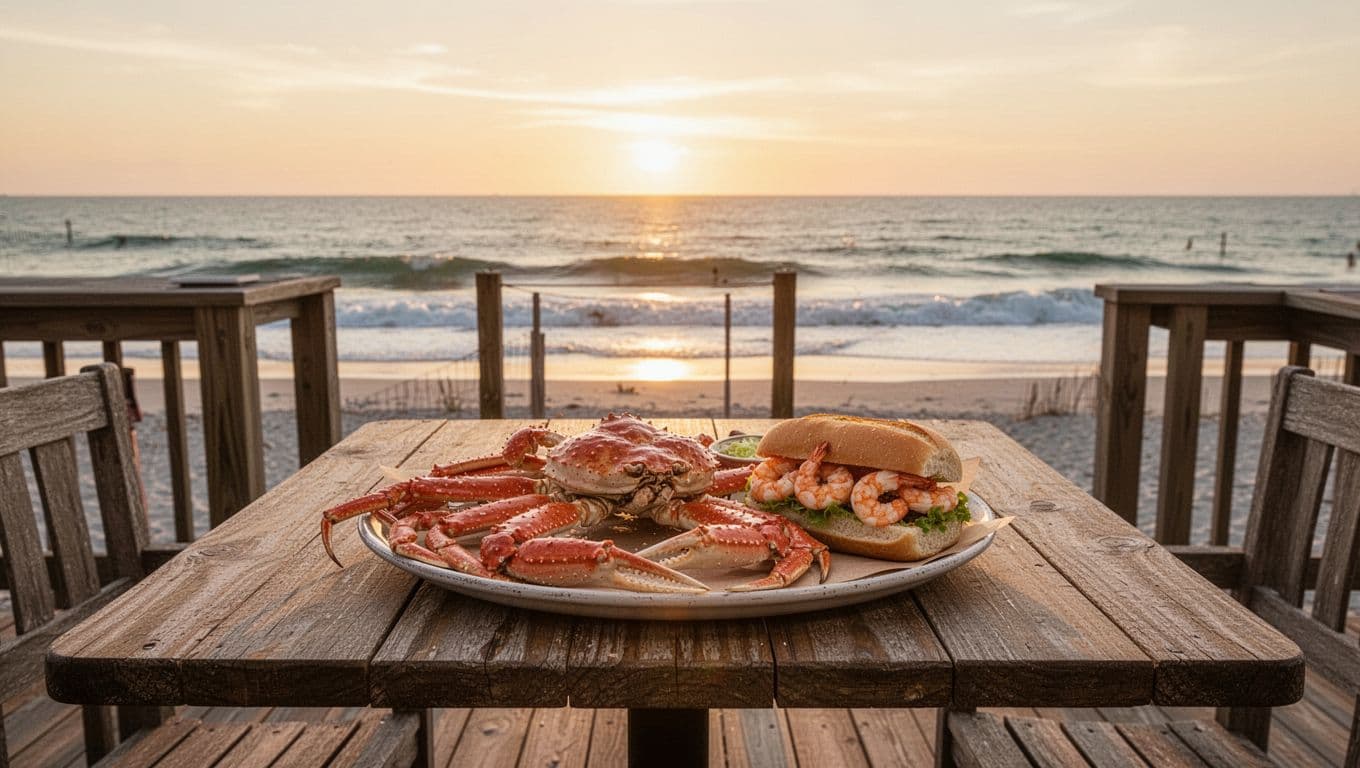 Wooden deck table with crab legs platter and shrimp po'boy overlooks Gulf beach at sunset, topped with 'Fresh Gulf' banner.