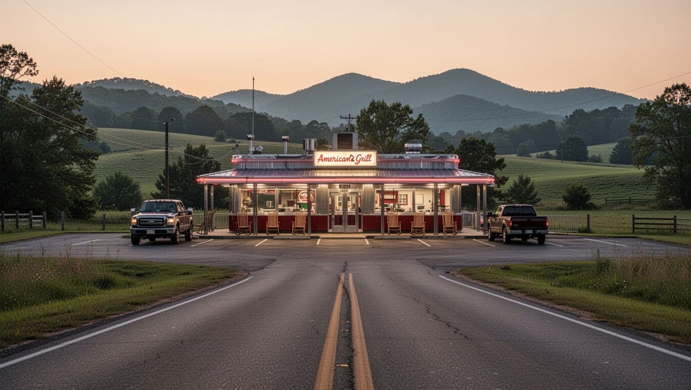 Countryside road leads to classic diner with neon sign, parked pickup truck, and green hills at dusk.