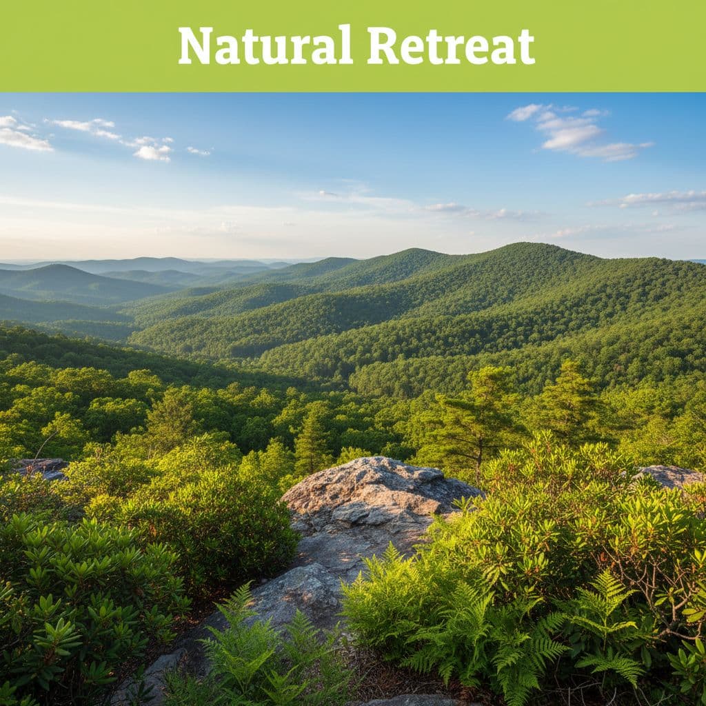 A panoramic view of a lush forested mountain ridge near DeSoto State Park with a foreground rock formation.