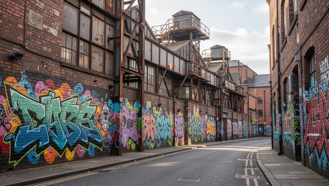 Colorful street art murals adorn brick industrial buildings in the urban landscape of Digbeth.