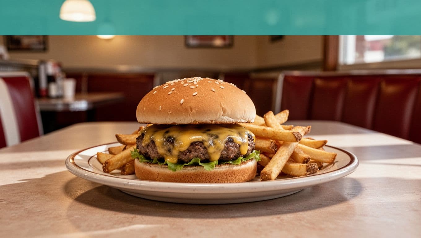 Green header band with 'Diner Classics' title above cheeseburger and melted cheese fries on a diner plate.