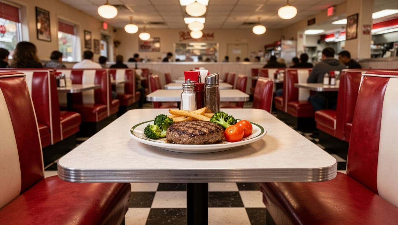 Checkered-floor diner interior with booths, central table of hamburger steak and veggies under warm lights, green 'Diner Classics' banner at top.