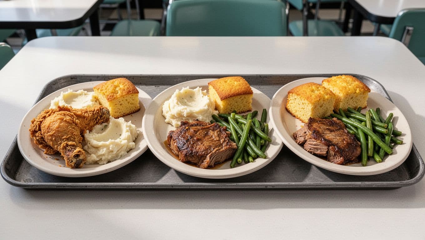Tray of fried chicken, mashed potatoes, green beans, cornbread below green Diner Plates headline band.