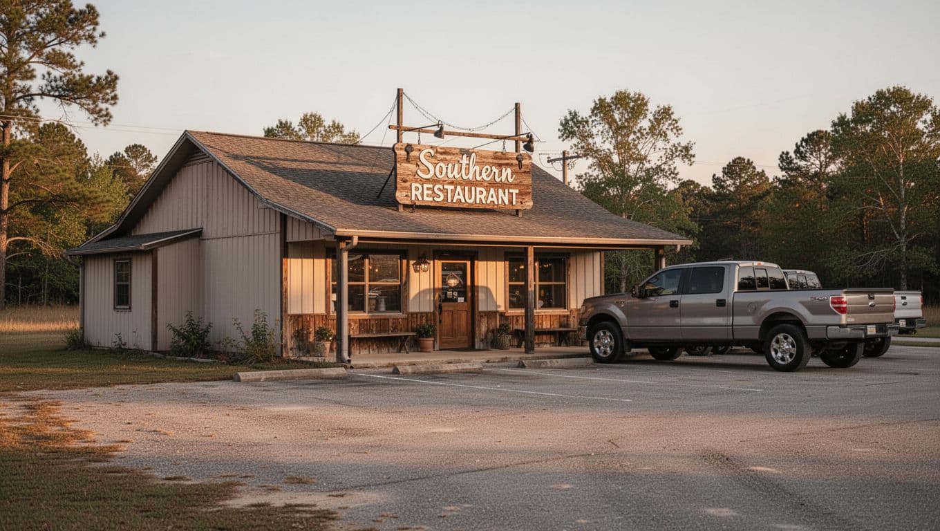 Restaurant exterior with wooden signboard, two pickup trucks in parking lot, warm evening light, and green 'Kountry Kitchen' band at top.