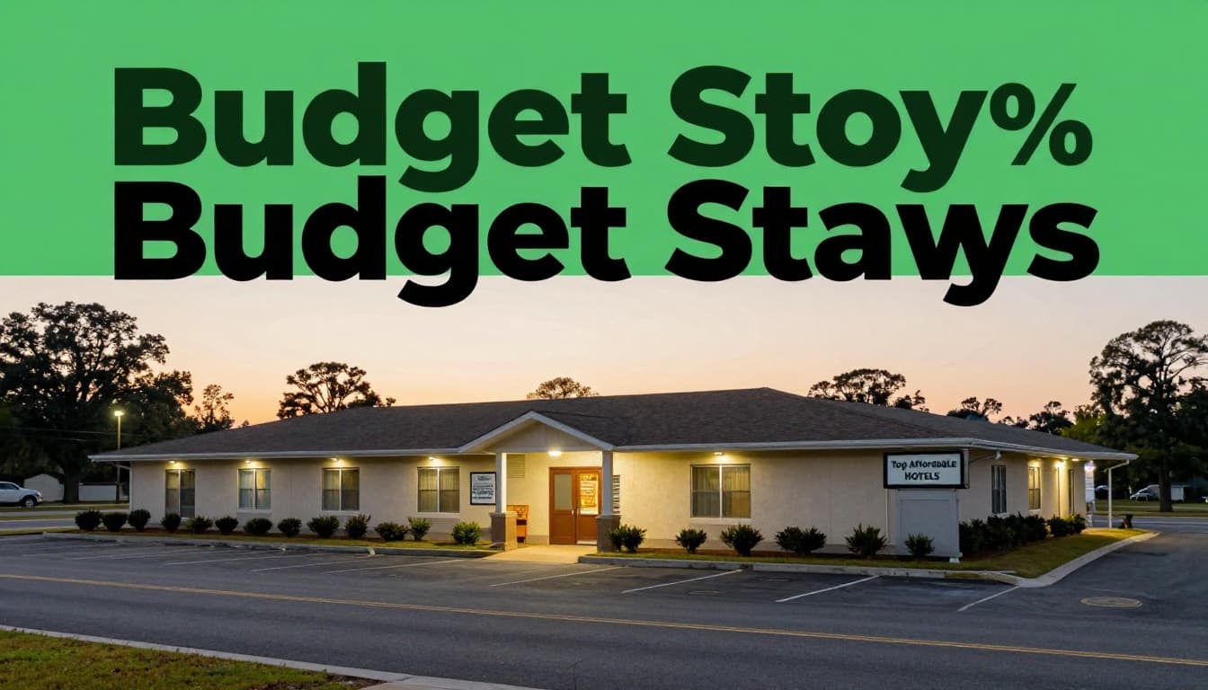 Two-story budget hotel with parking lot, road and trees at dusk, under green 'Budget Stays' header band.