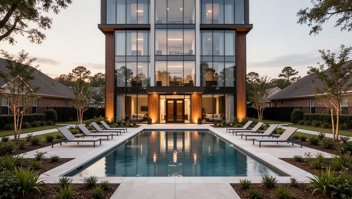 Modern hotel exterior with outdoor pool and lounge area in soft evening light, centered on poolside entrance.