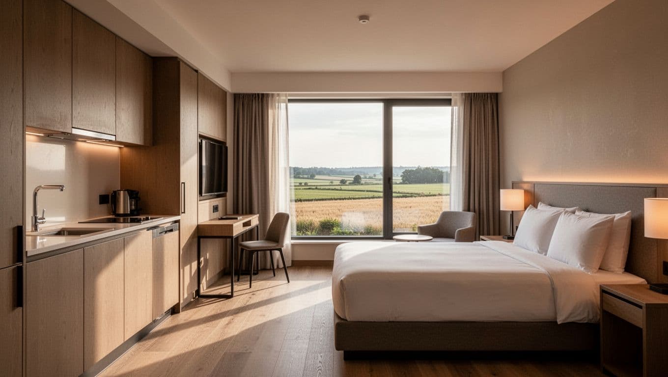 Modern suite with kitchenette, bed, rural window view, and top green band headline.