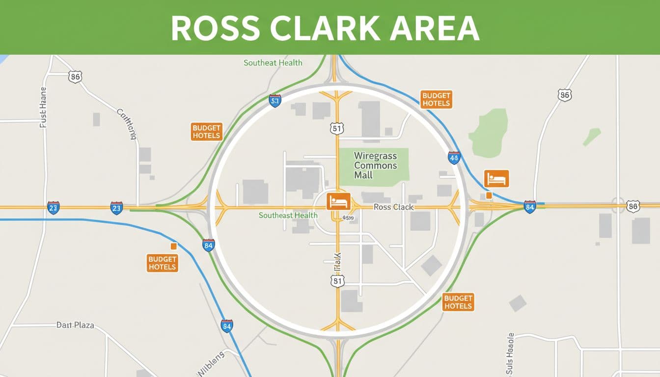 Aerial illustrative map of Dothan Alabama's Ross Clark Circle highlights budget hotels, roads, highways, and landmarks under a green top band with bold 'Ross Clark Area' headline.