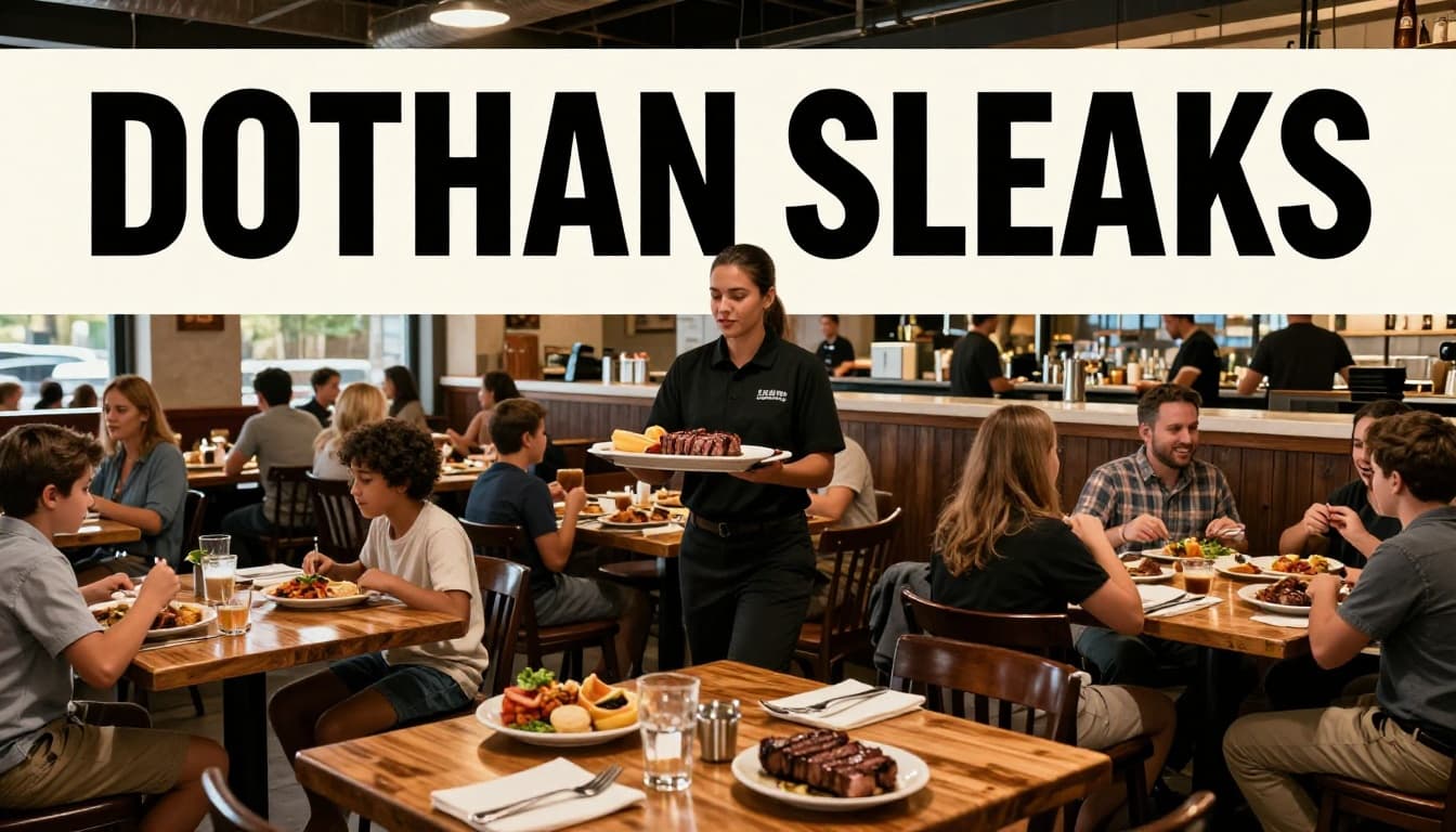 Bustling Southern steakhouse with wooden tables of steaks and sides, family diners, server carrying tray, bar in background, 'DOTHAN STEAKS' headline in green band at top.