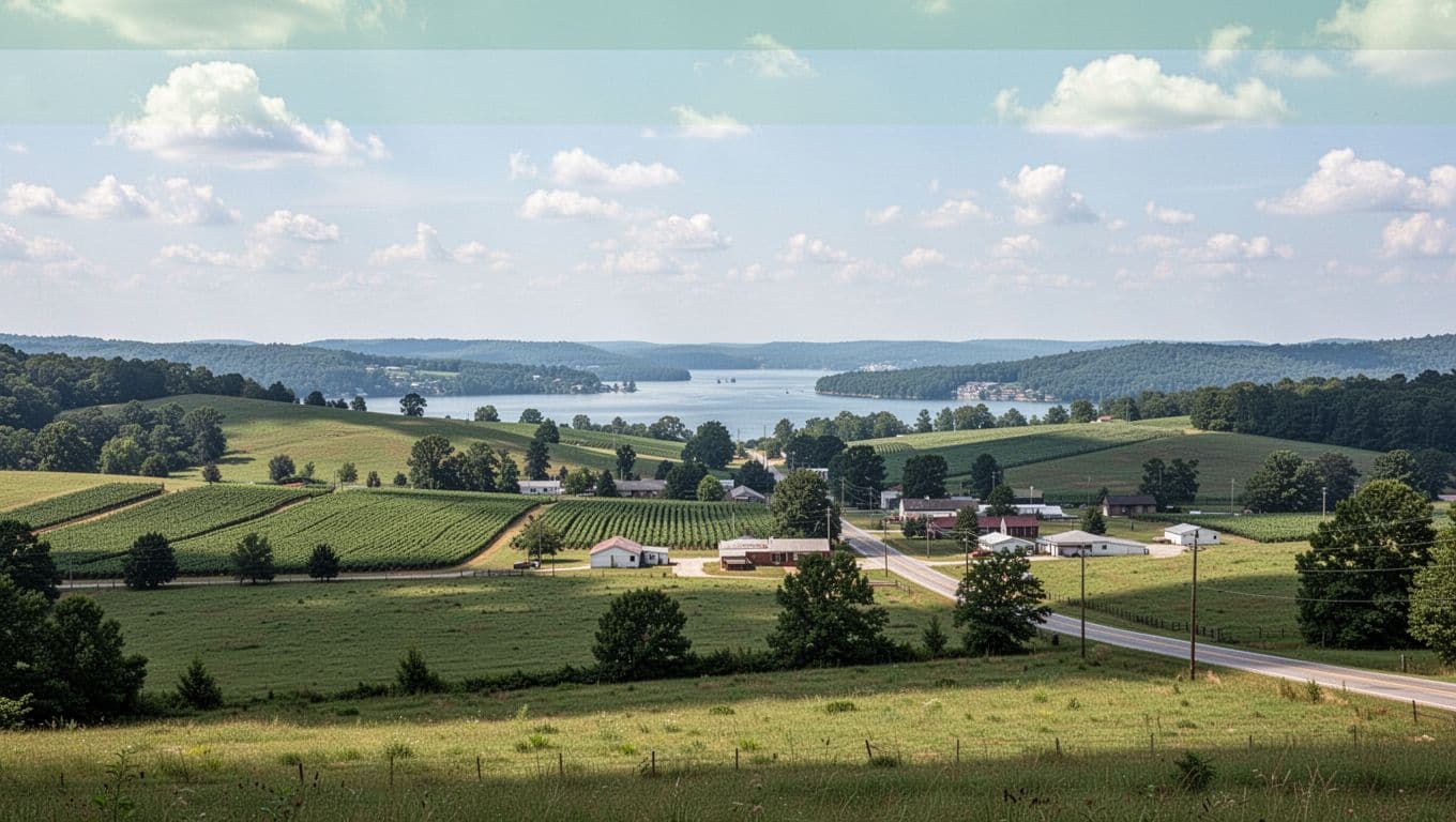 Rolling green hills with farms, small town buildings, distant Lake Guntersville shoreline, clear blue sky, topped by green band with 'Douglas Area' text.