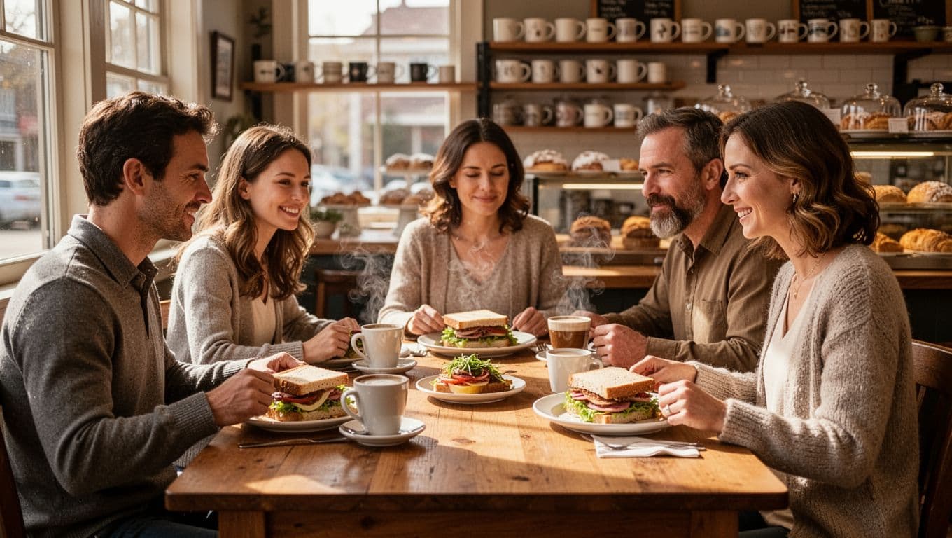 Cozy cafe interior shows family of four eating sandwiches and coffee at wooden tables with warm window light and soft-focus shelves.