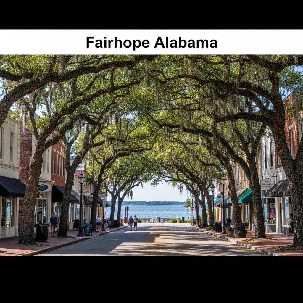 A sunlit downtown street lined with mossy live oak trees and charming shops leading toward Mobile Bay.