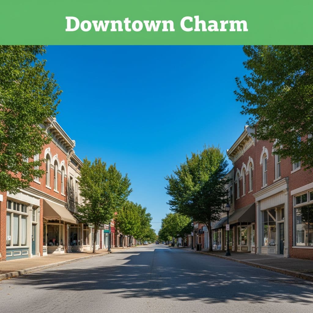 A quiet daytime street view featuring historic brick storefronts and lush green trees in downtown Fort Payne.