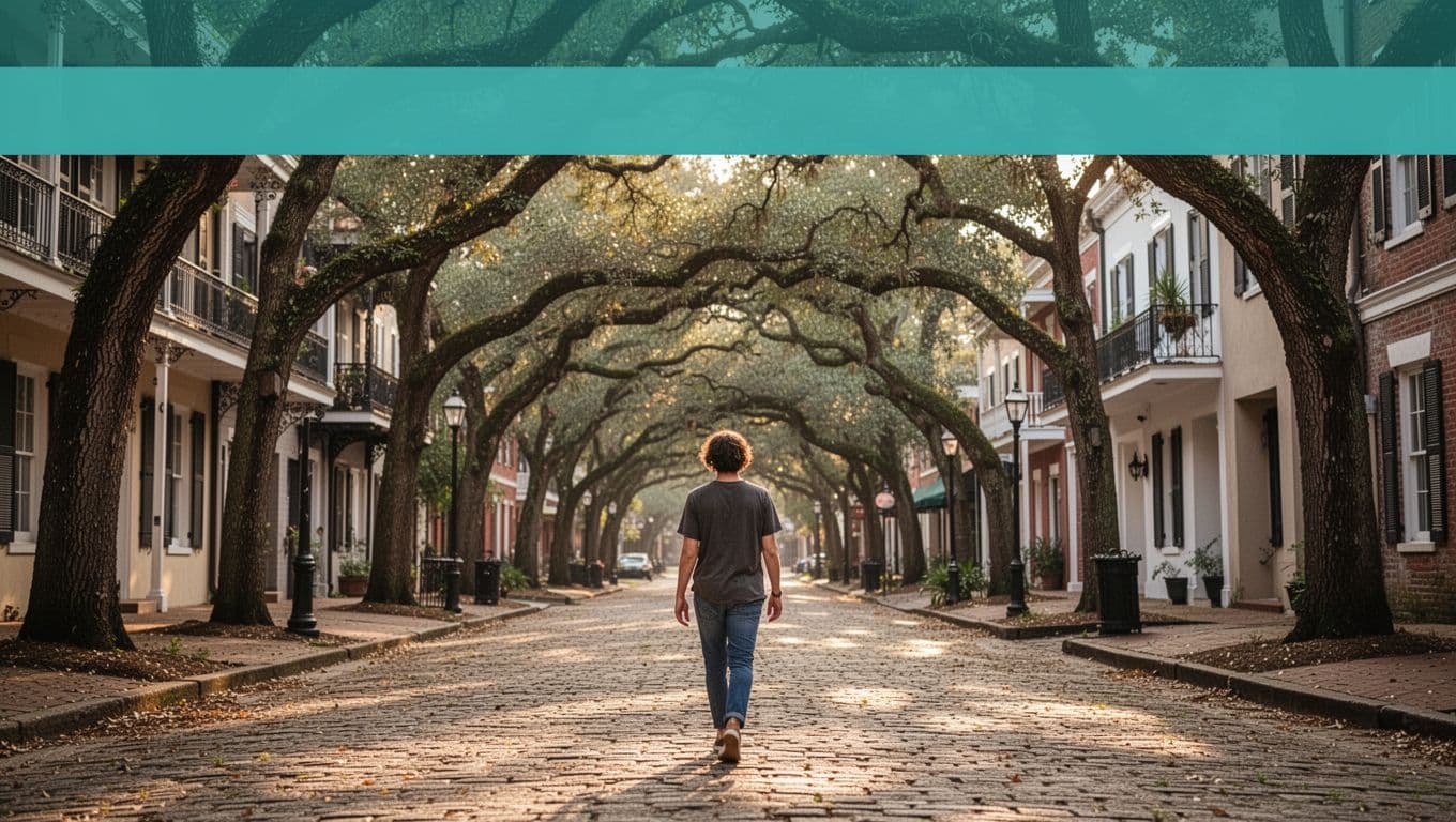 Person walking on oak-lined cobblestone street with preserved 19th-century buildings in warm afternoon sunlight, under green 'Downtown Mobile' headline band.