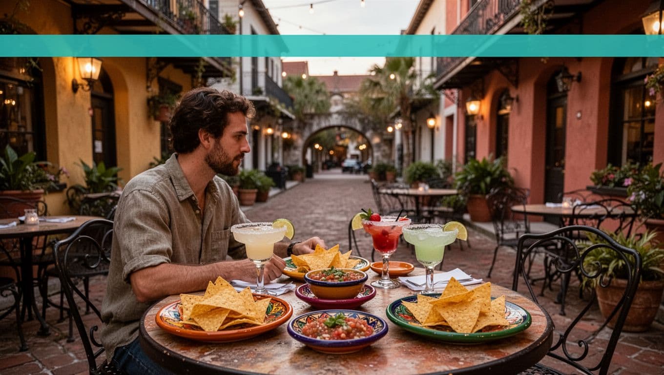 Downtown Mobile street view of Mexican-style outdoor patio with one person seated at table of colorful chips salsa margaritas in evening light green Diverse Bites header band.