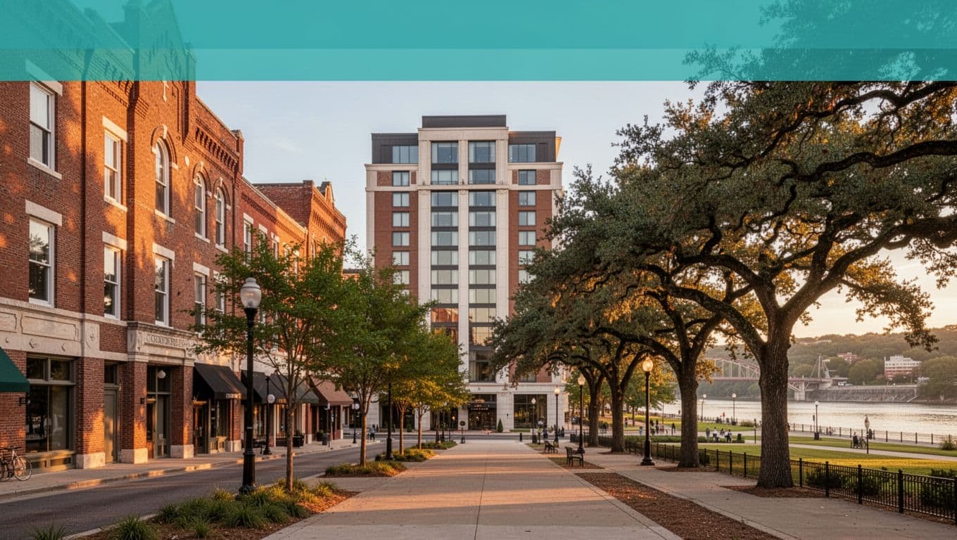 Central modern hotel facade on downtown Montgomery street with historic buildings, riverfront park, oak trees in golden evening light under green 'Downtown Stay' band.