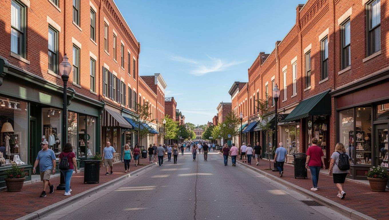 Pedestrians walk along a sidewalk lined with red brick historic storefronts under a clear blue sky.
