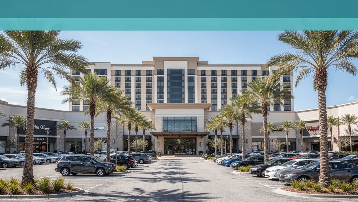 Green band at top with 'EastChase Ease' headline above modern mall exterior, adjacent hotel, palm trees, and parking lot in bright midday sun.