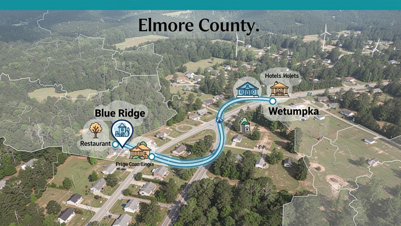 Aerial map of Elmore County, Alabama, links Blue Ridge and Wetumpka by road with hotel and restaurant icons under green LOCAL ACCESS banner.