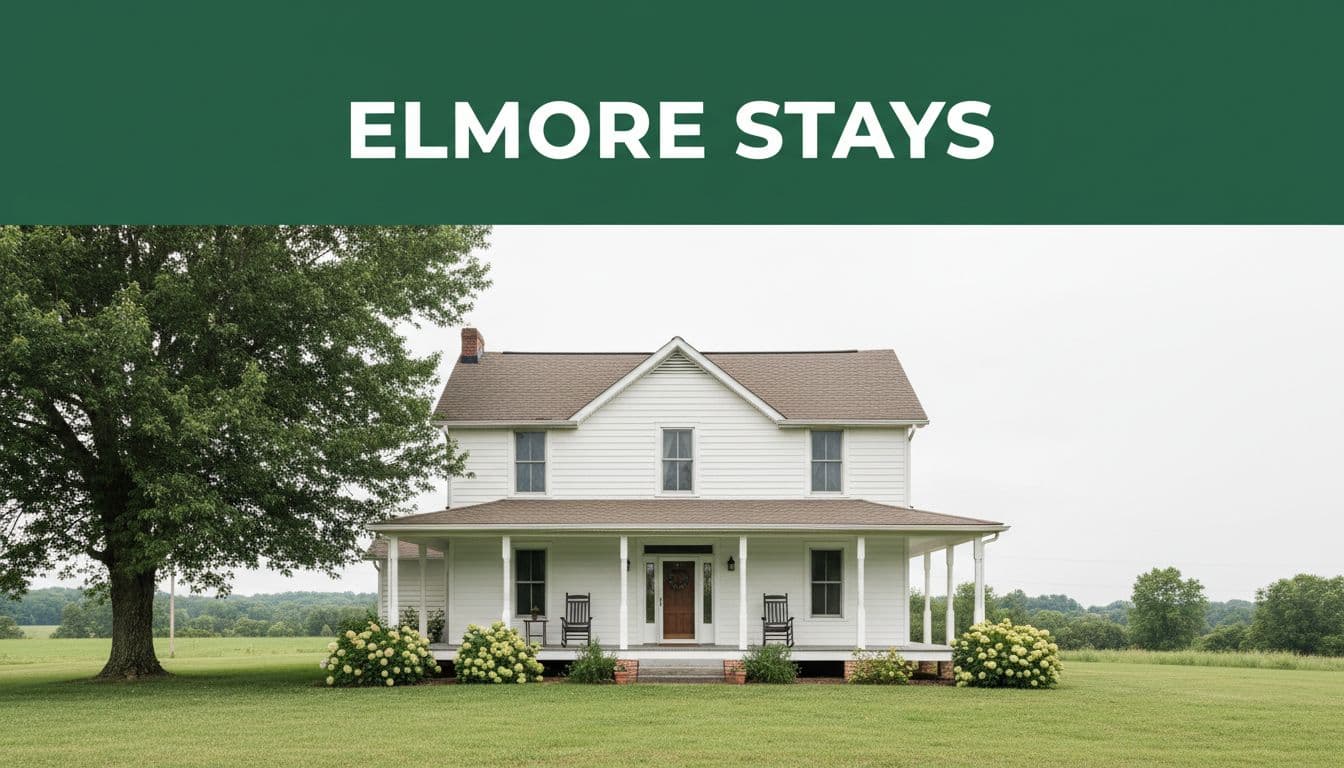 Green header band with 'Elmore Stays' above rural bed and breakfast house, green lawn, and porch chairs.