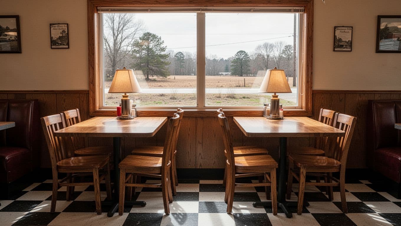 Interior of small town Alabama diner shows two empty wooden tables with chairs on checkered floors, rural window view, and warm lamp light. Top green band displays 'Dining Experience' headline.