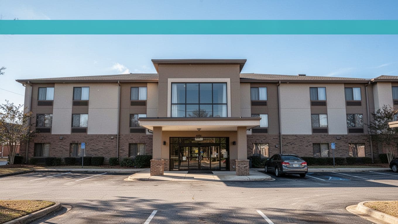 Modern hotel front with green header band and 'Enterprise Hotels' headline above centered entrance, one car in parking lot, blue daytime sky.