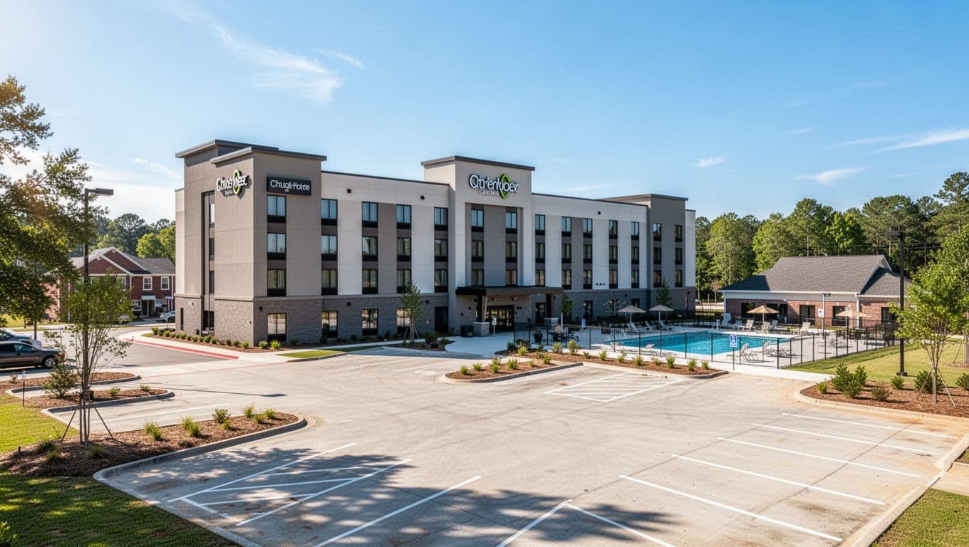 Modern chain hotel in small town with front parking lot and side pool under green 'Enterprise Stay' header band.