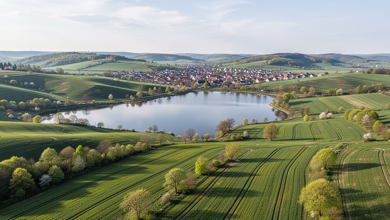 Aerial view of rolling green hills, lake, spring fields, and distant small town.
