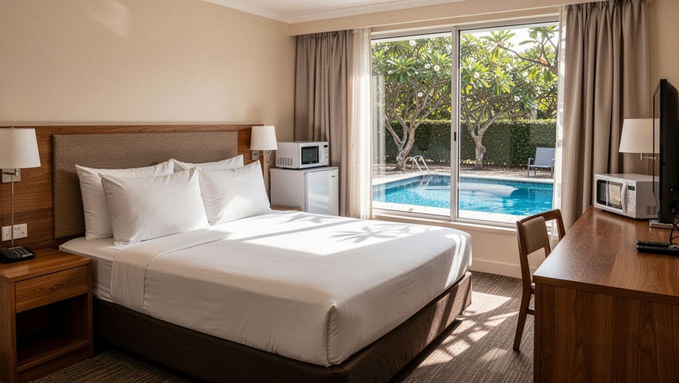 Hotel room with queen bed, clean linens, fridge, microwave, desk, and window view of pool and trees. Green band at top shows 'Hotel Rooms' headline.