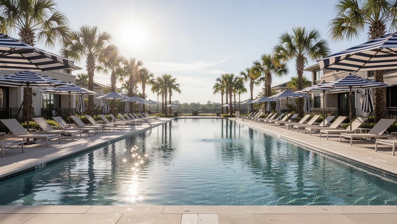 Sunny resort pool with lounge chairs, umbrellas, palm trees, water reflections, and top 'Relax Pools' banner.