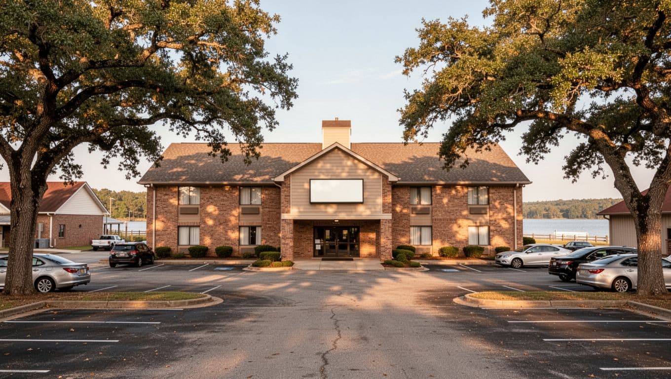 Cozy chain hotel facade centered in rural Alabama town with parking lot, oak trees, and green 'Eufaula Stays' headline band at top.