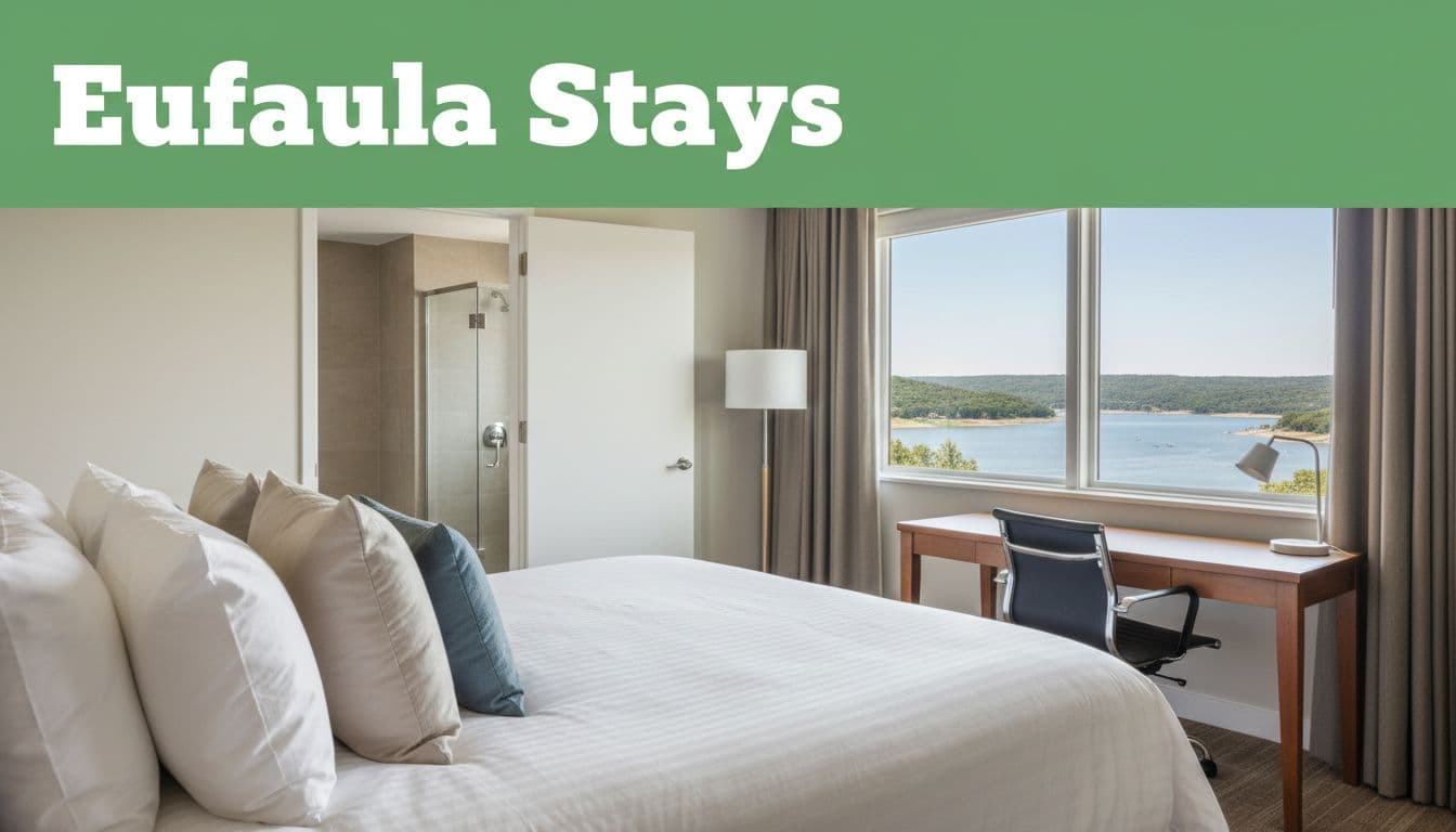 Hotel room with lake view window, bed, desk, chair, ajar bathroom door below green 'Eufaula Stays' band.