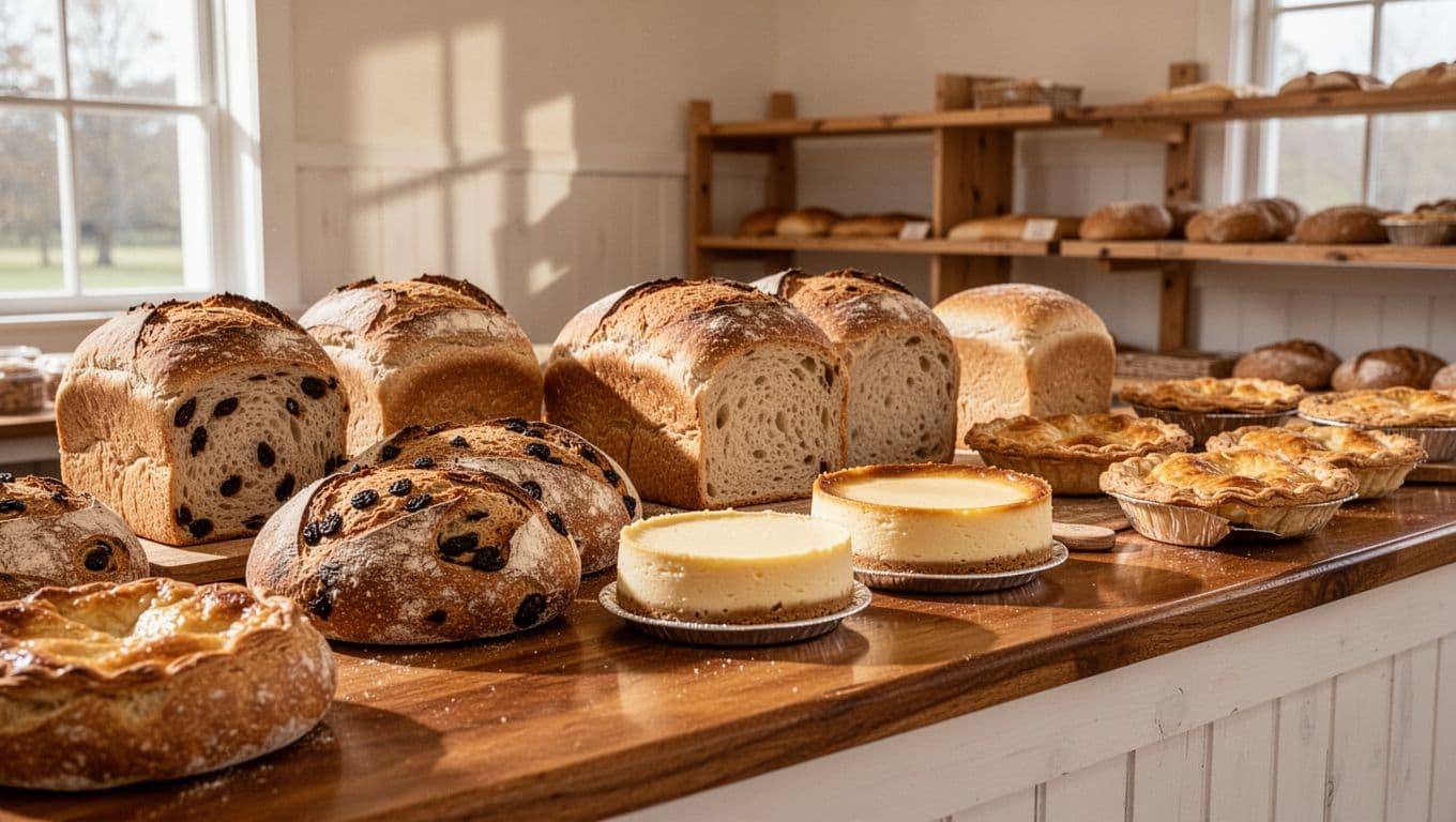 Fresh sourdough loaves, cinnamon raisin bread, cheesecakes and pies on wooden counter in bright Mennonite bakery with green Falkville Bakes header band.