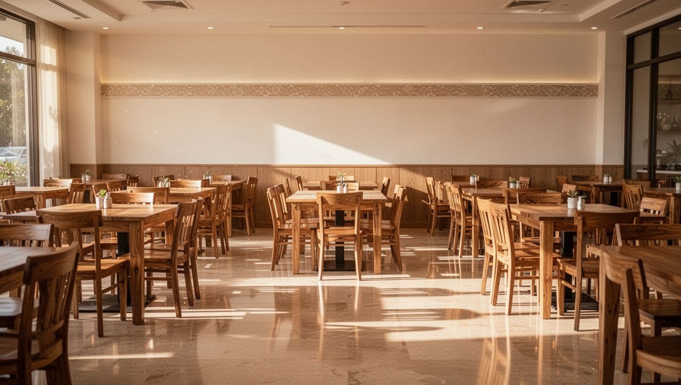 A sunlit restaurant dining area features warm wooden furniture and open floor space under a header banner.