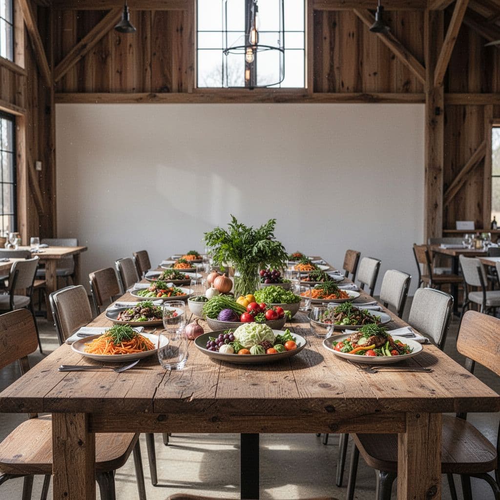 A wooden table displays fresh locally sourced food inside a bright barn-style eatery.
