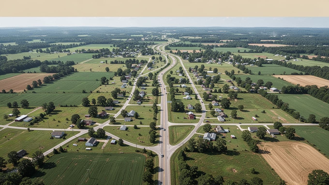 Overhead aerial view of roads linking Berry to Fayette via highways 18 and 43 amid green fields, farms, and small towns.